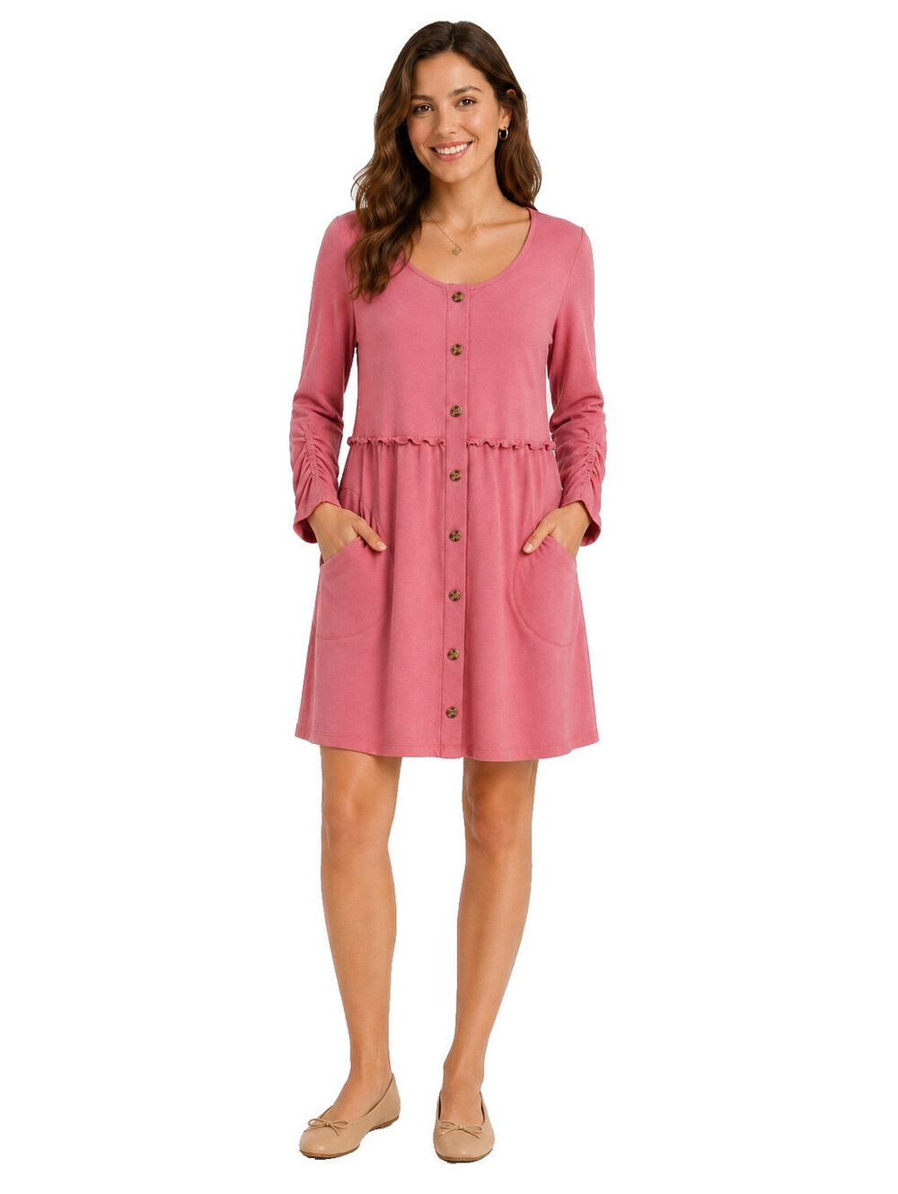 Robert Louis Dress Size M Pink Button Front Ruched Sleeve Pocket NWT